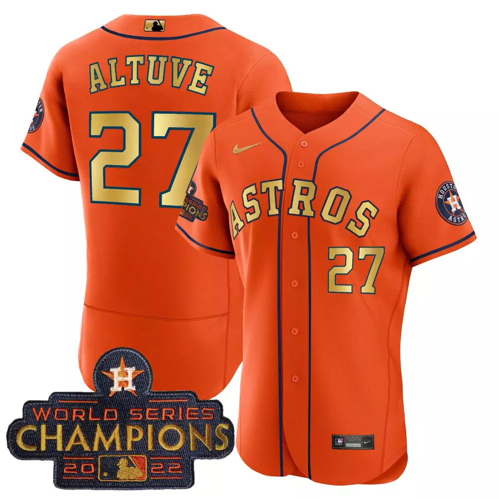 Jose Altuve 27 Astros Jersey Orange World Series Champions 2022 Men Navy All Stitched