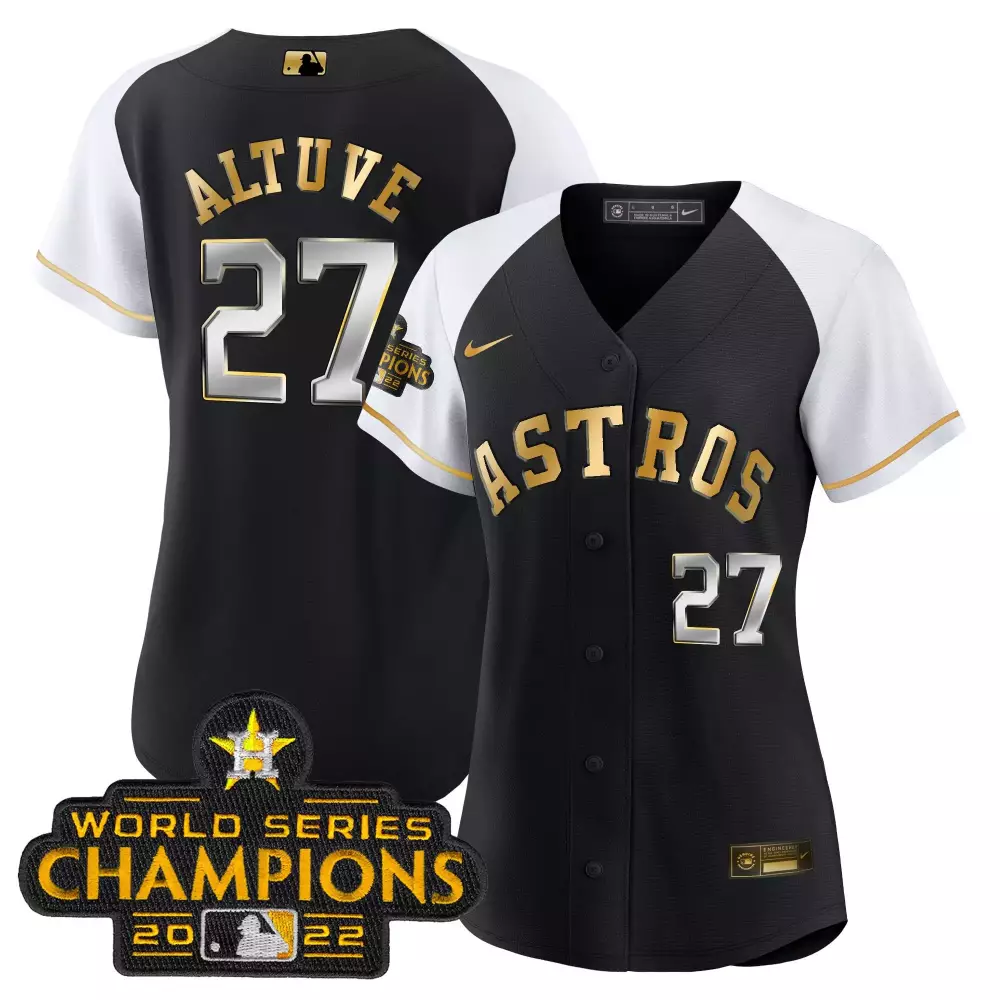 Jose Altuve 27 Astros Jersey Black 2022 World Series Champions Men White Gold Stitched