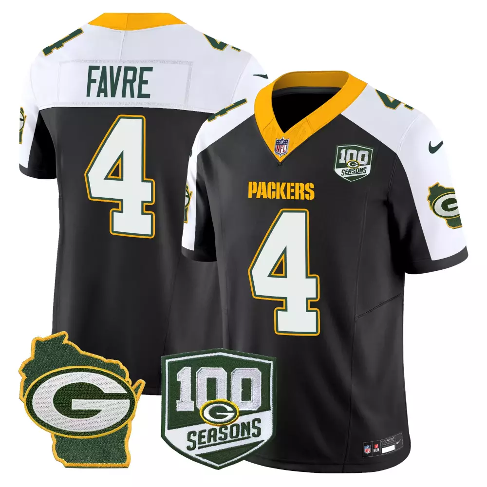 Brett Favre 4 Packers Jersey Black 100 Seasons Wisconsin Outline "g" Men Replica