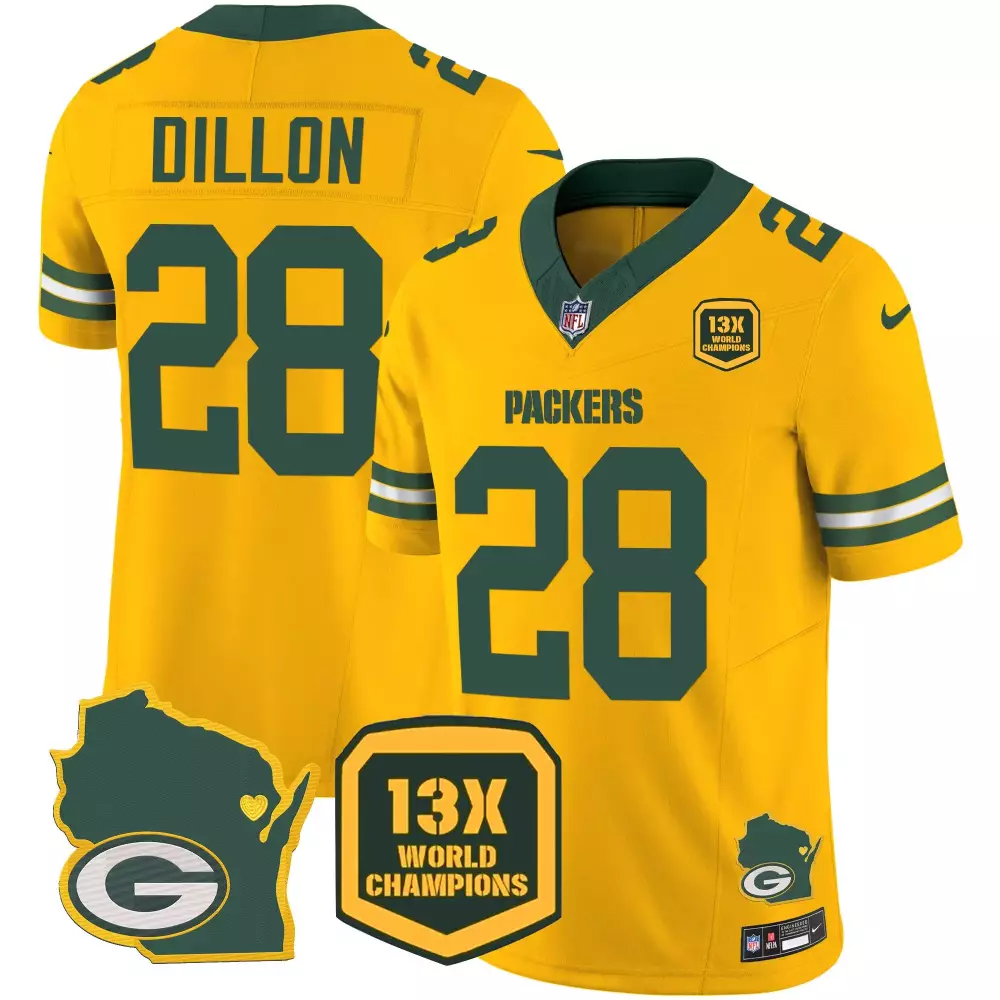 Aj Dillon 28 Packers Jersey Yellow 13X World Champions Wisconsin State Map 2022 Men