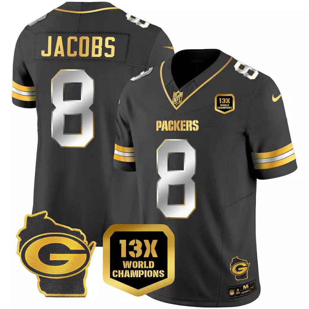 Josh Jacobs 8 Packers Jersey Black 13x World Champions Badge Wisconsin State Outline