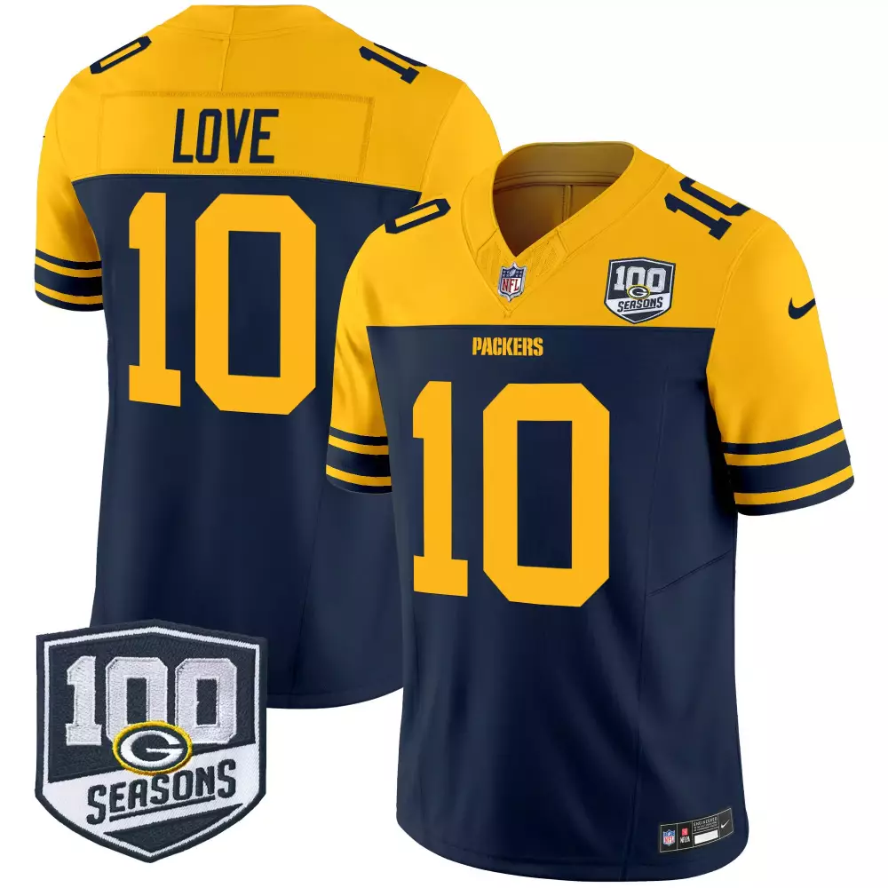 Love 10 Packers Jersey Navy Blue 100th Season 100 Seasons Men Yellow Throwback Vapor