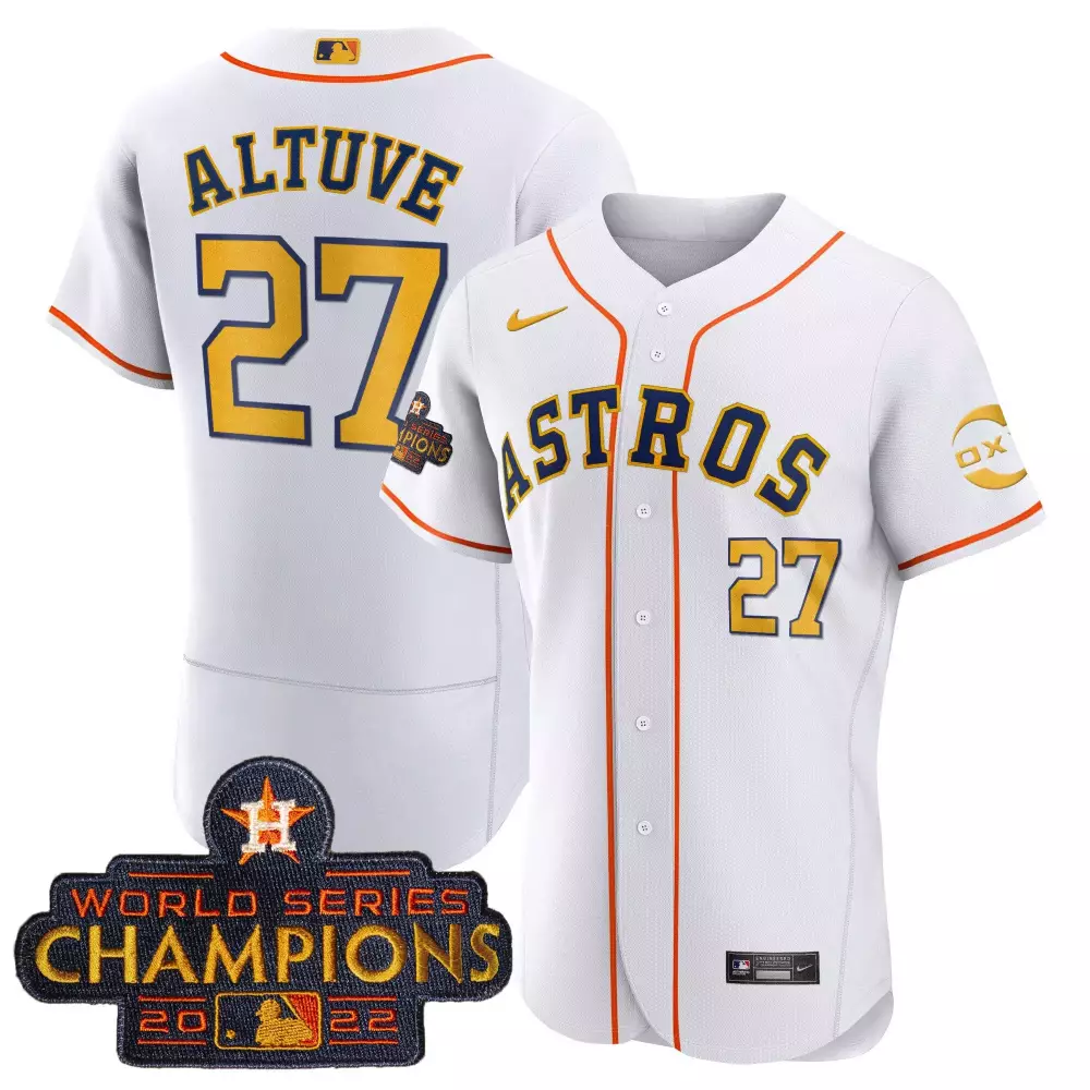 Jose Altuve 27 Astros Jersey White World Series Champions 2022 Men Orange Navy Gold