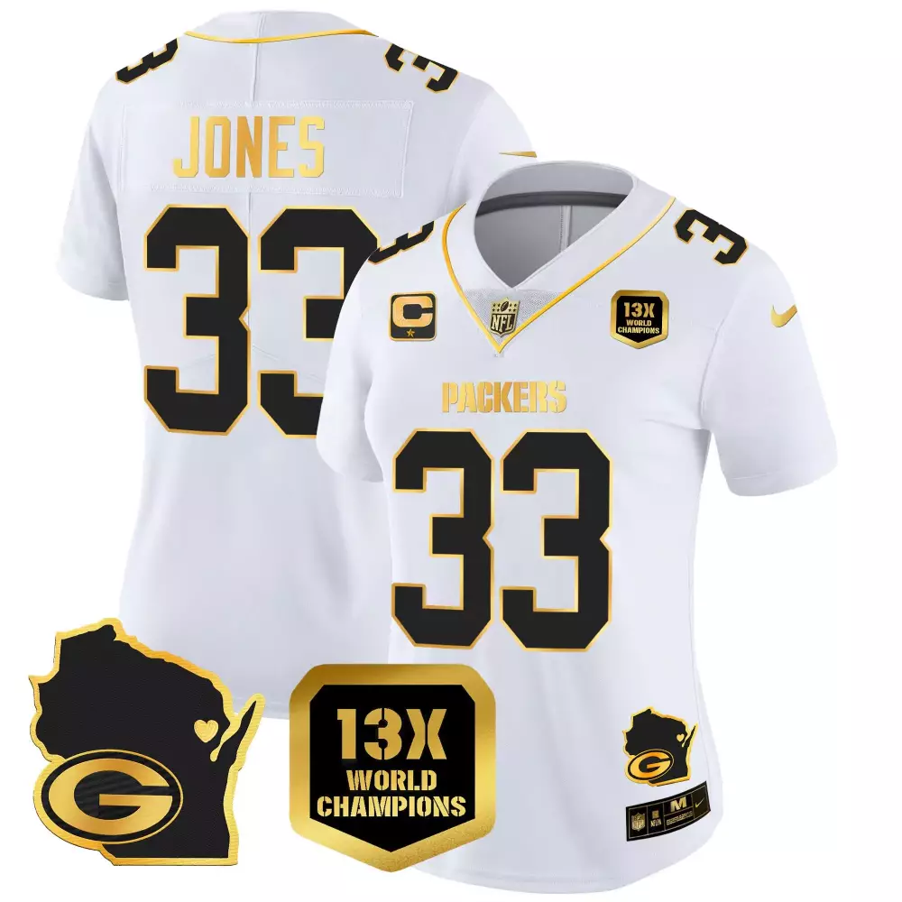 Aaron Jones 33 Packers Jersey White 13X World Champions Women Replica Black Gold