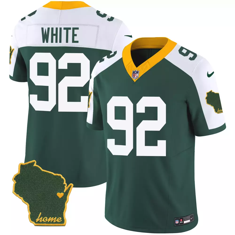White 92 Green Bay Packers Jersey Wisconsin State Outline 'home' Men Standard Yellow