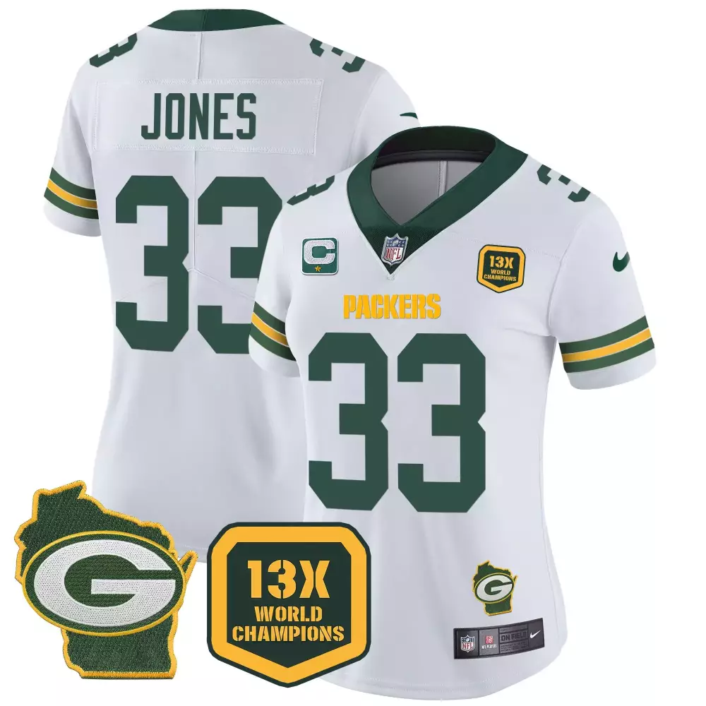 Aaron Jones 33 Packers Jersey White 13X World Champions Wisconsin State Outline Men