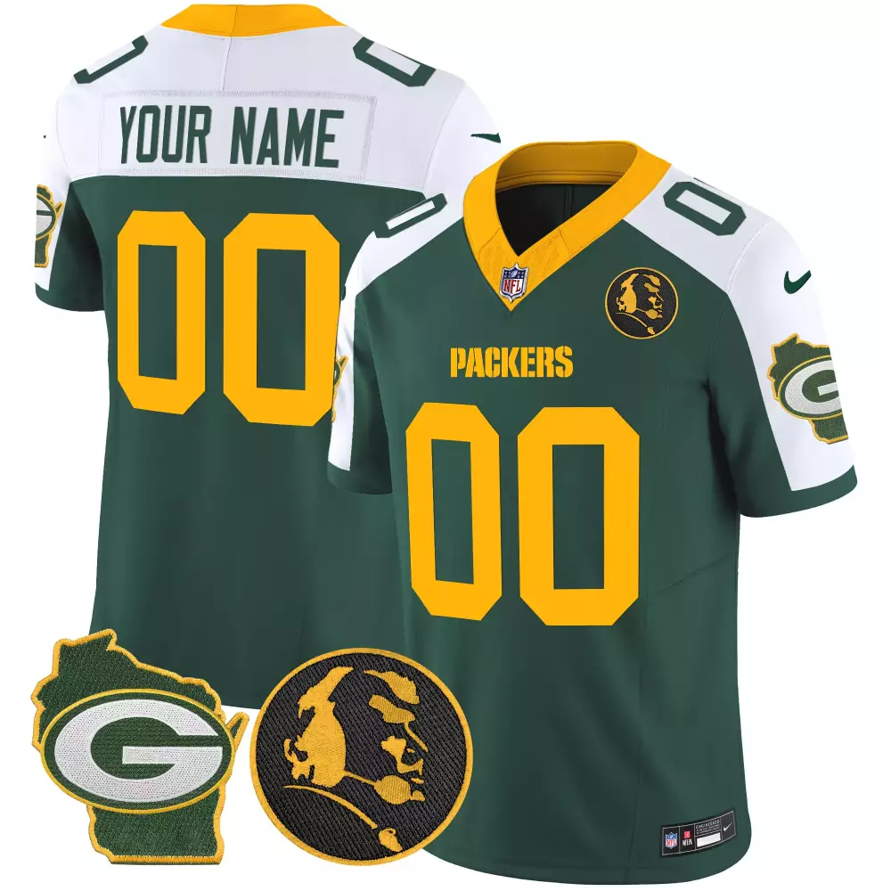 Custom Packers Jersey Green Bay Coach Lombardi Head Men White Yellow Alternate Home