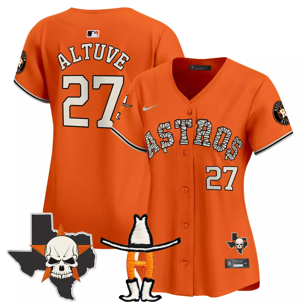 Jose Altuve 27 Astros Jersey Orange City Connect Texas Map Skull Cowboy Hat 'h' Men