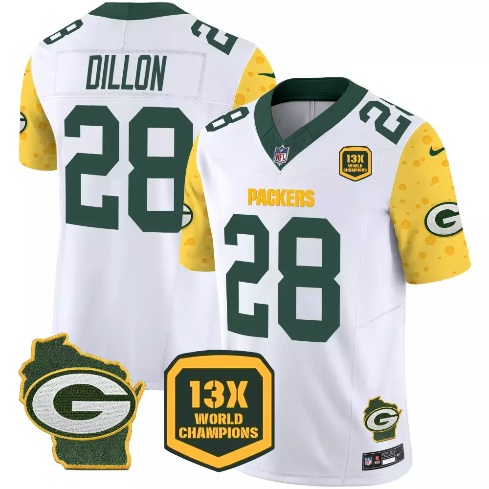 Aj Dillon 28 Packers Jersey White 13X World Champions Men Green Yellow Vapor Limited