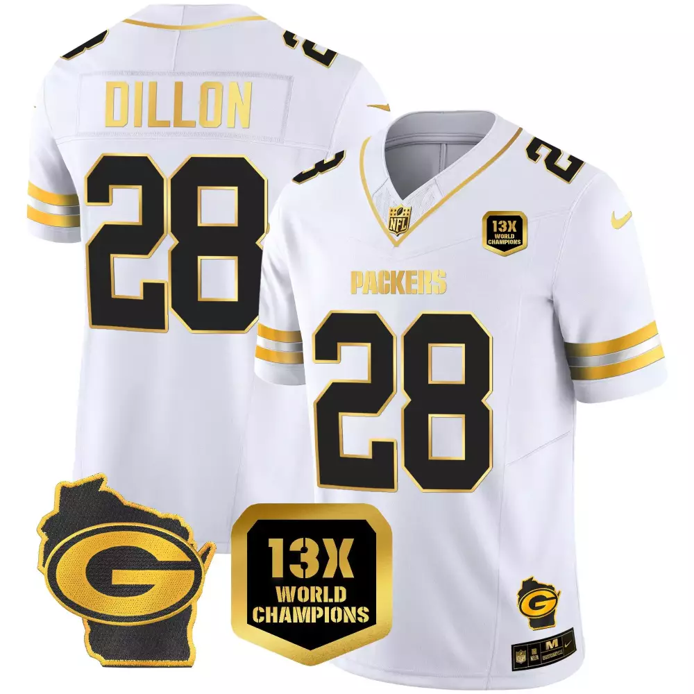 Aj Dillon 28 Packers Jersey White 13x World Champions Wisconsin 'g' Men Gold Black