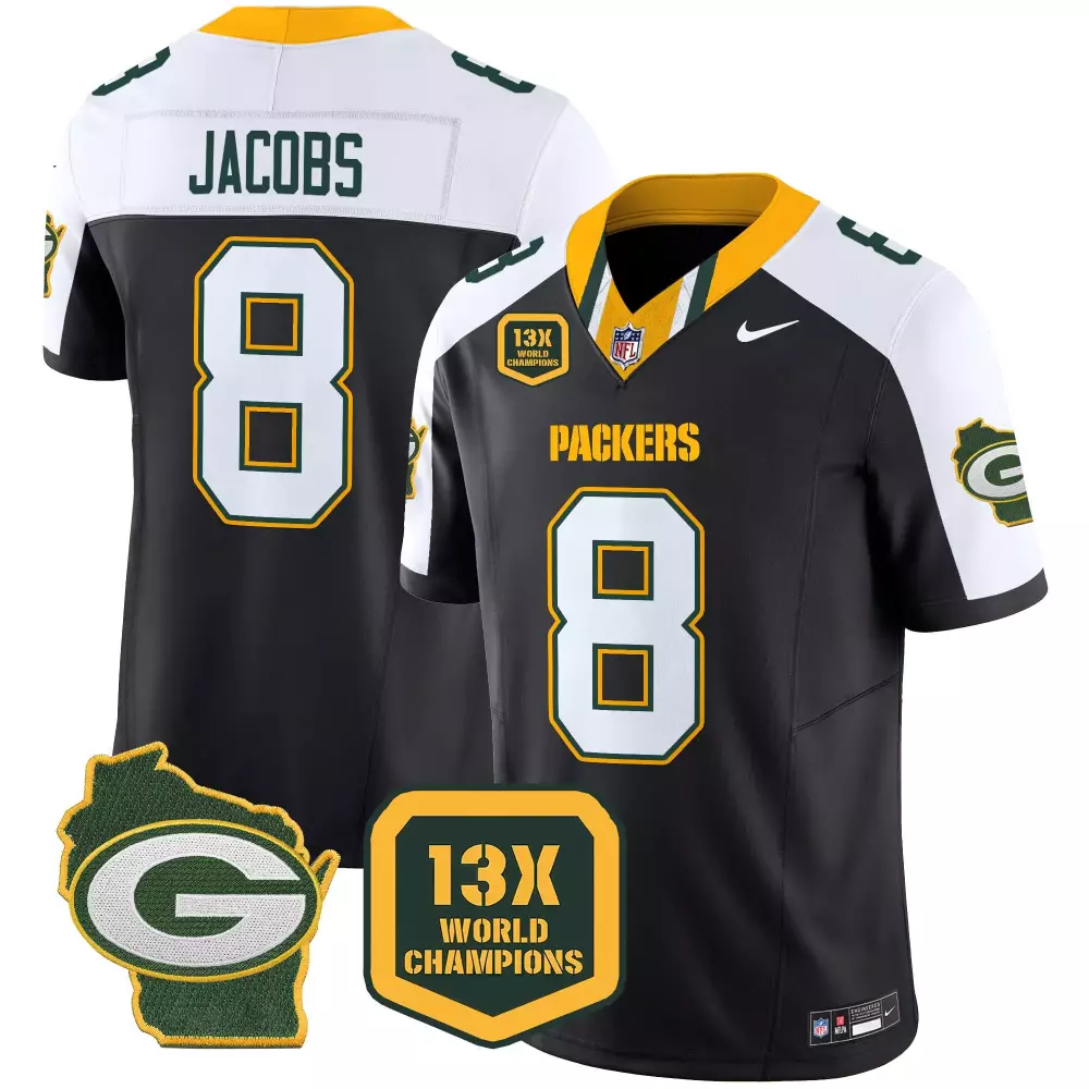 Josh Jacobs 8 Green Bay Packers Jersey Black 13x World Champions Wisconsin State Outline