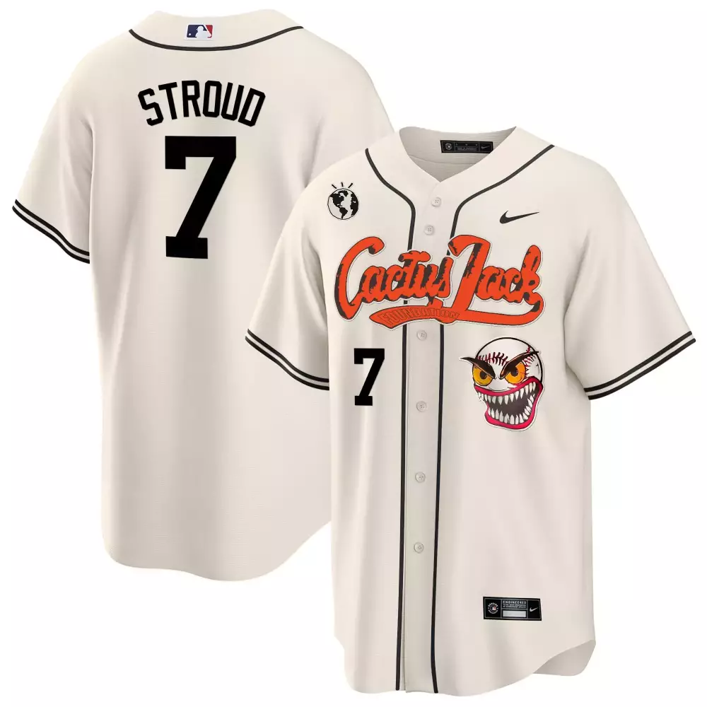Cj Stroud 7 Cactus Jack Jersey Cream World Globe Evil Baseball Black Orange Cool