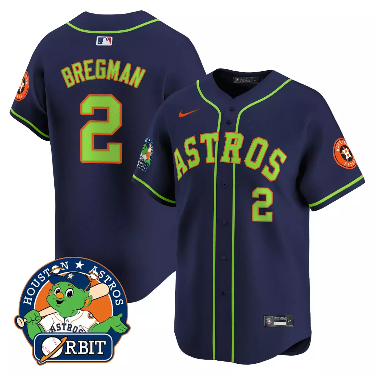 Alex Bregman 2 Astros Jersey Navy City Connect Orbit Mascot Houston Men Neon Green