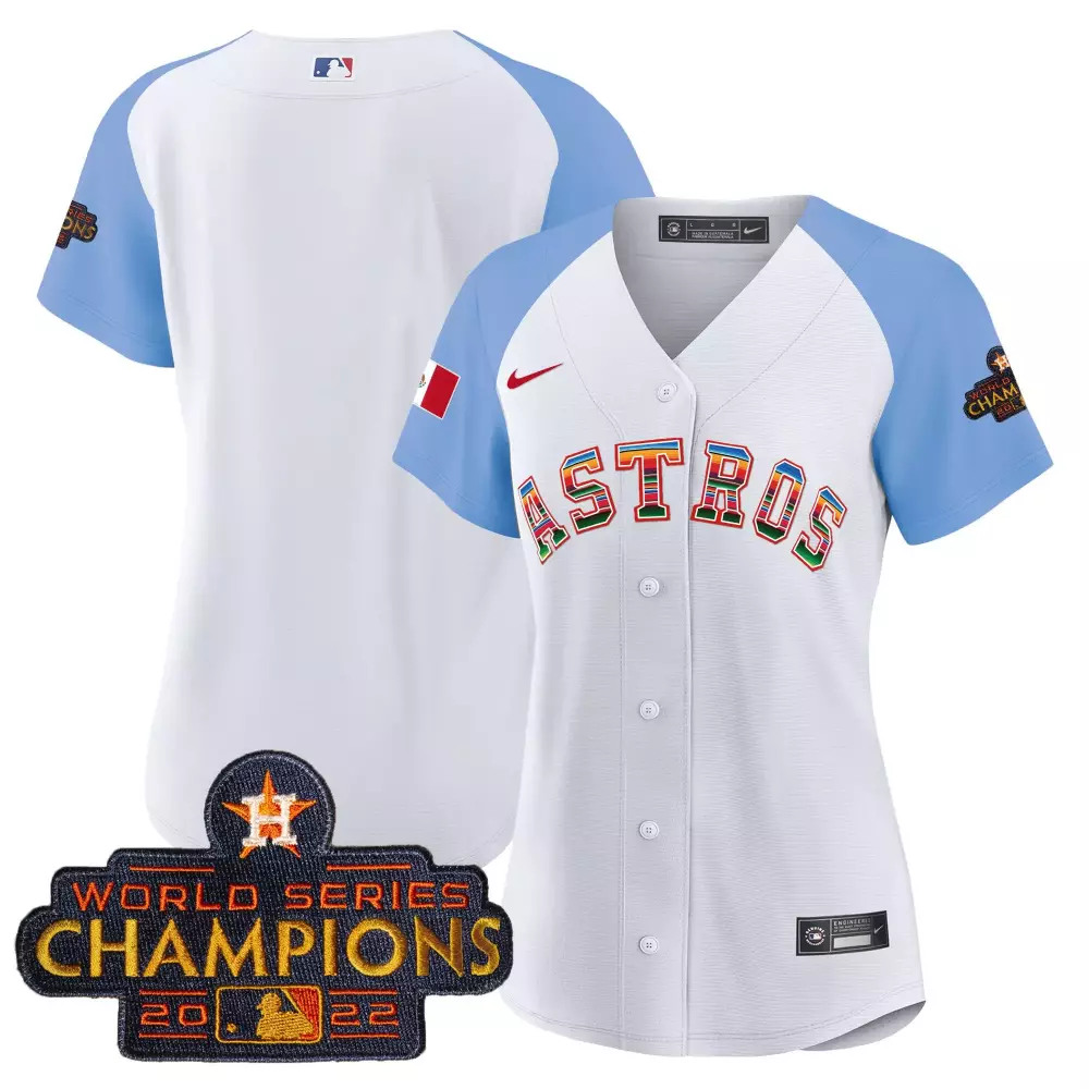 Mexico Houston Astros Jersey White World Series Champions 2022 Flag Women Light Blue
