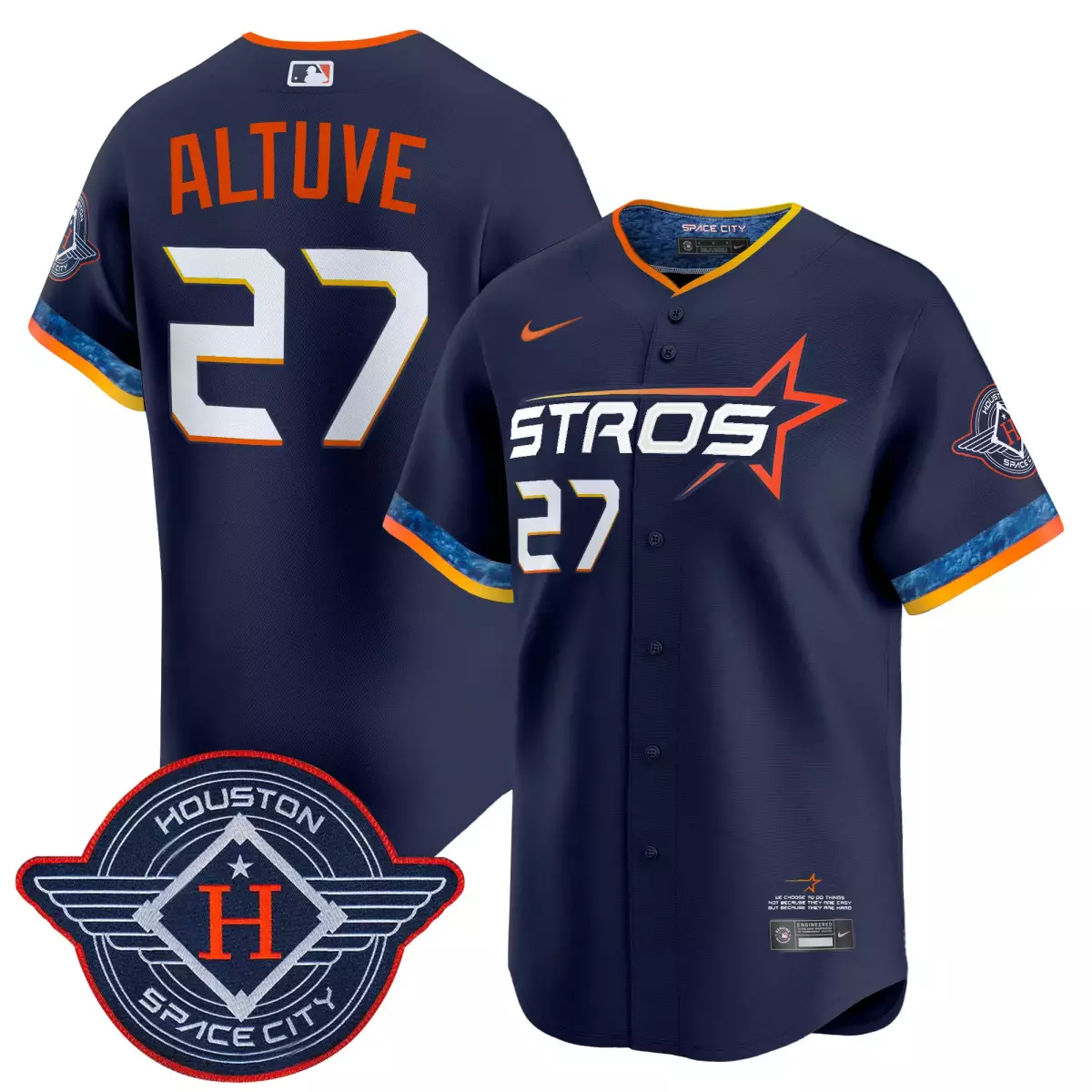 Jose Altuve 27 Astros Jersey Navy Space City Houston 2023 Men Split Design Orange