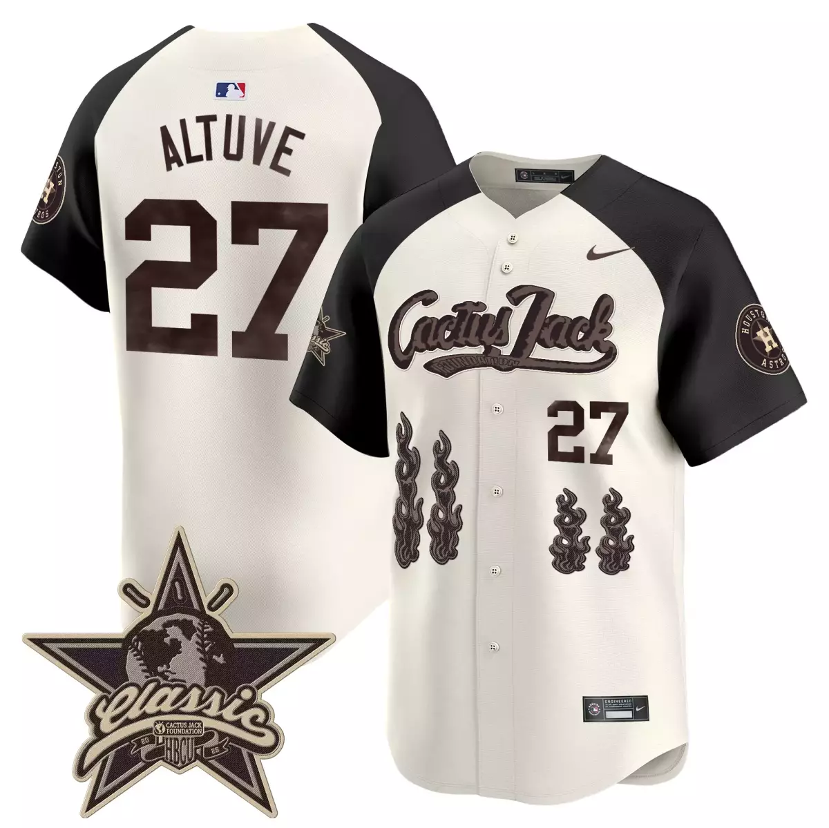 Jose Altuve 27 Houston Astros Jersey Cream Cactus Jack Men Split Brown Black Vapor