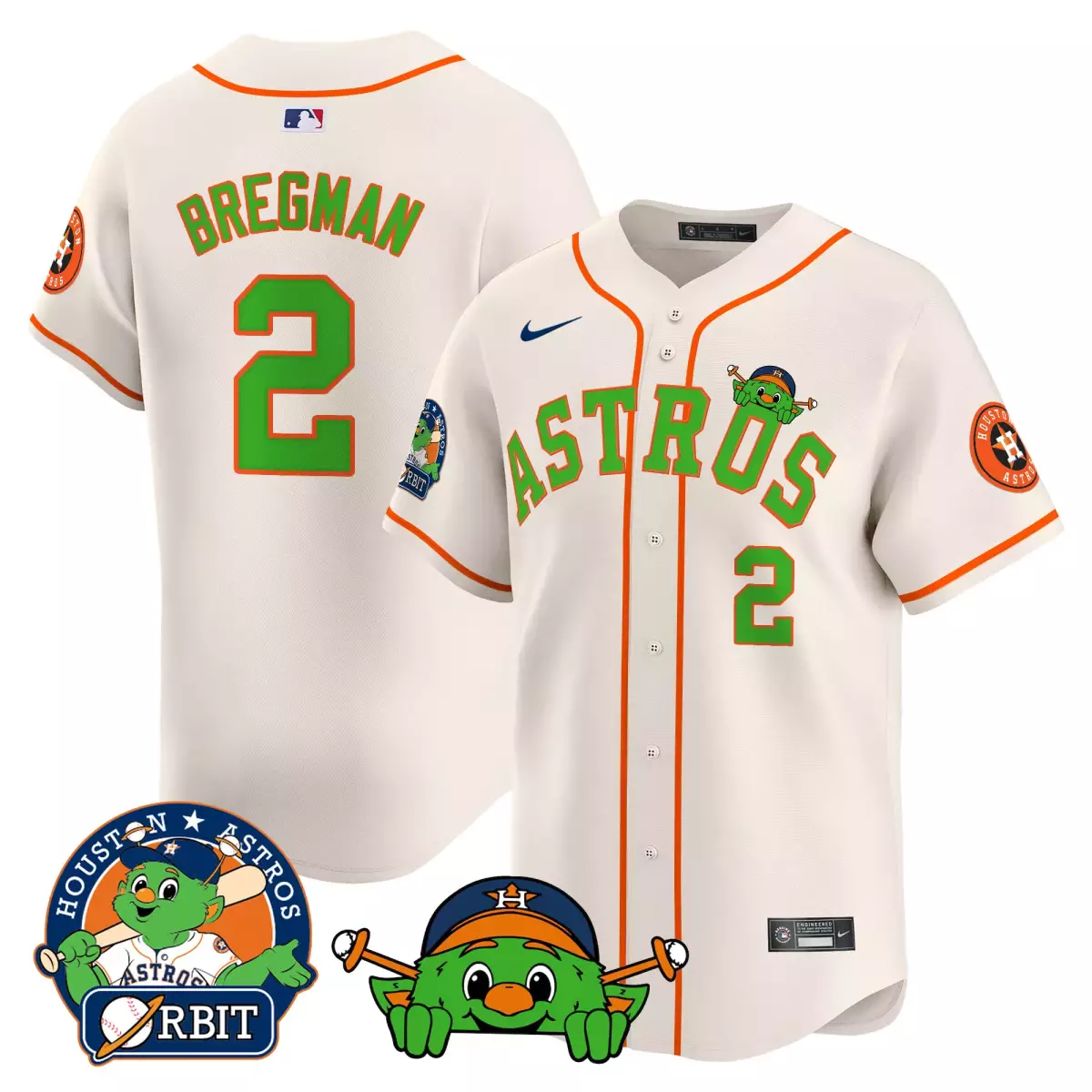 Alex Bregman 2 Astros Jersey White Orbit Mascot Men Orange Green Vapor Premier Limited