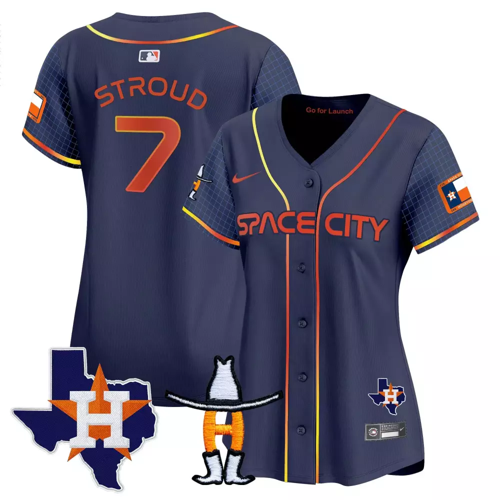 Cj Stroud 7 Astros Jersey Navy Blue City Connect Texas Houston Men Button Down Orange
