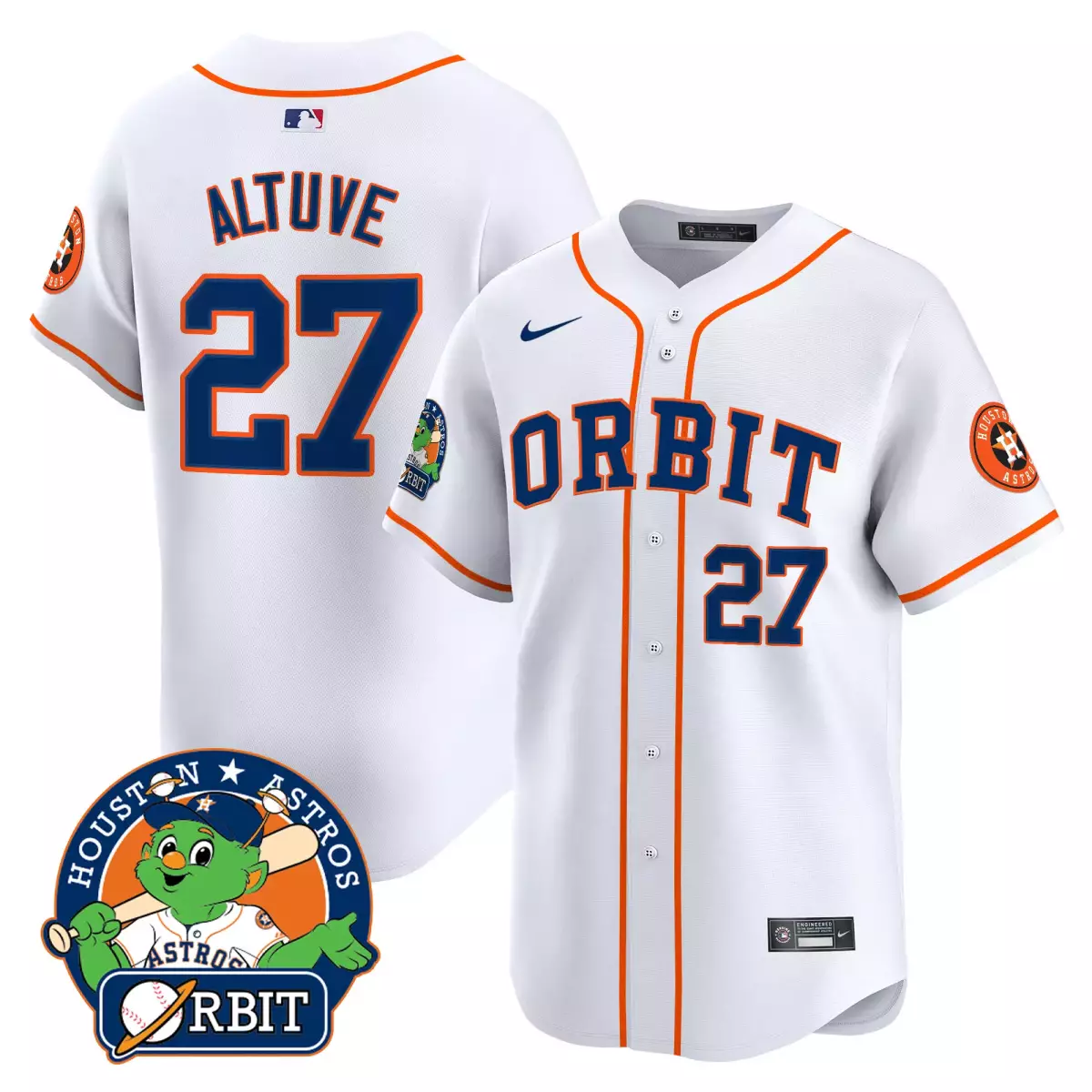 Jose Altuve 27 Houston Astros Jersey White Team Orbit Mascot Men Orange Navy Blue
