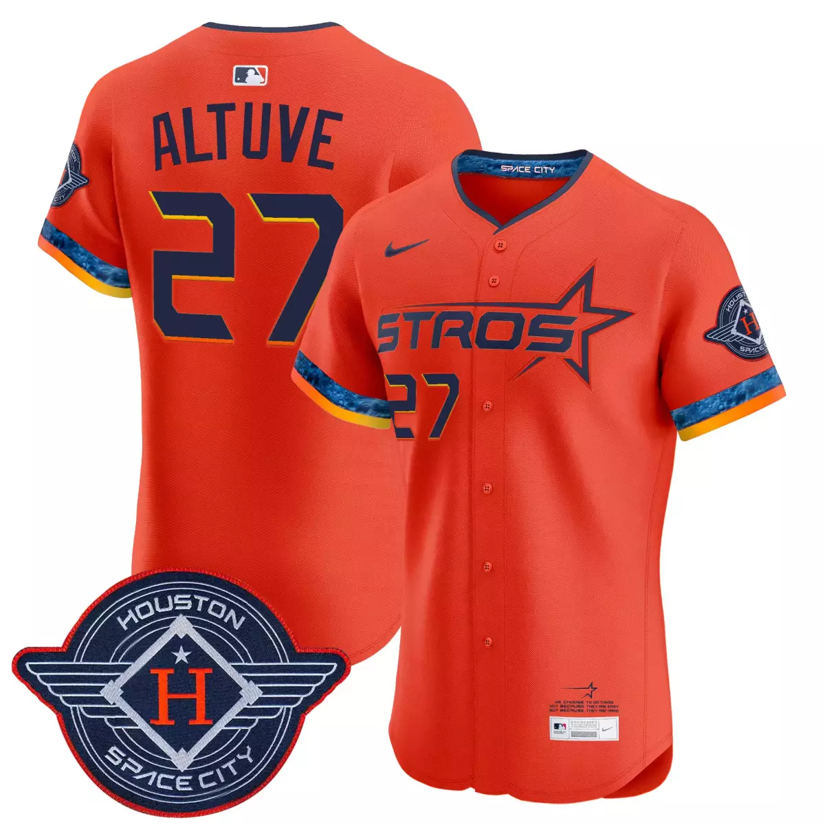 Jose Altuve 27 Astros Jersey Orange Space City Houston Men Navy Blue Yellow Vapor