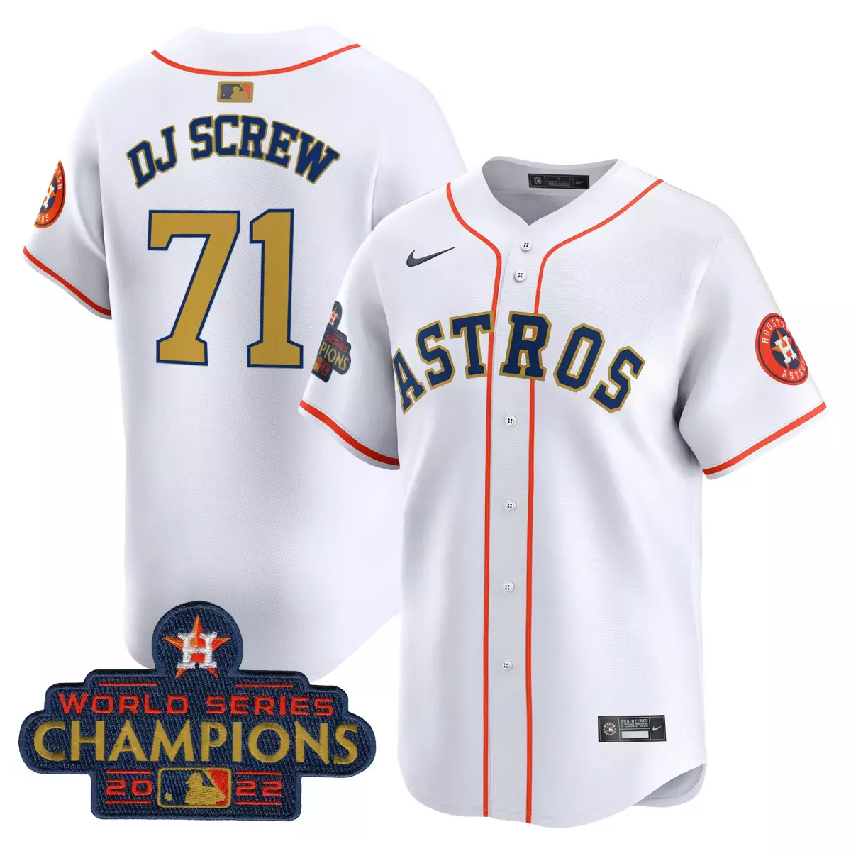 Dj Screw 71 Astros Jersey White 2022 World Series Champions Orange Navy Blue Gold