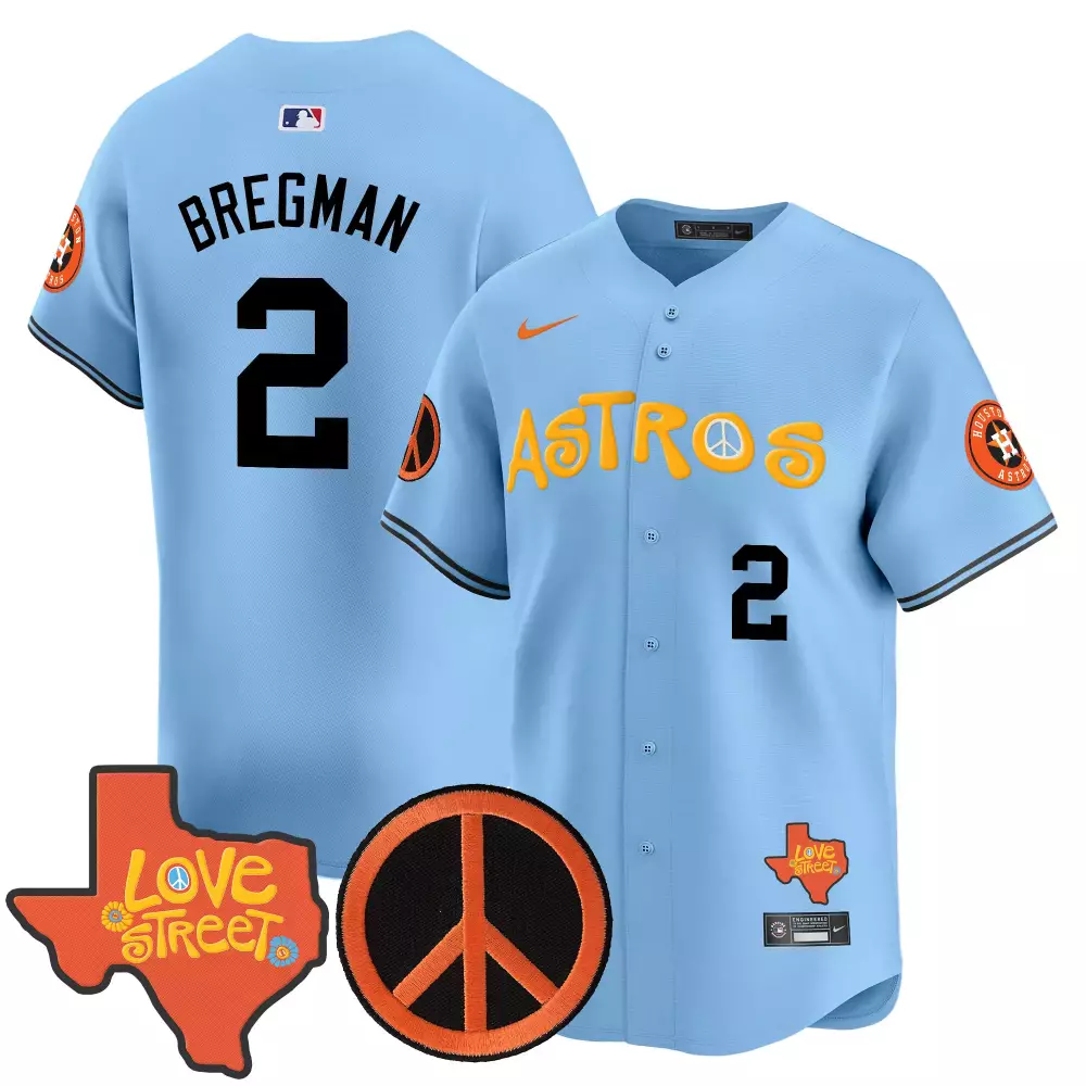 Alex Bregman 2 Astros Jersey Light Blue Love Street Houston Peace Sign 2024 Men Orange