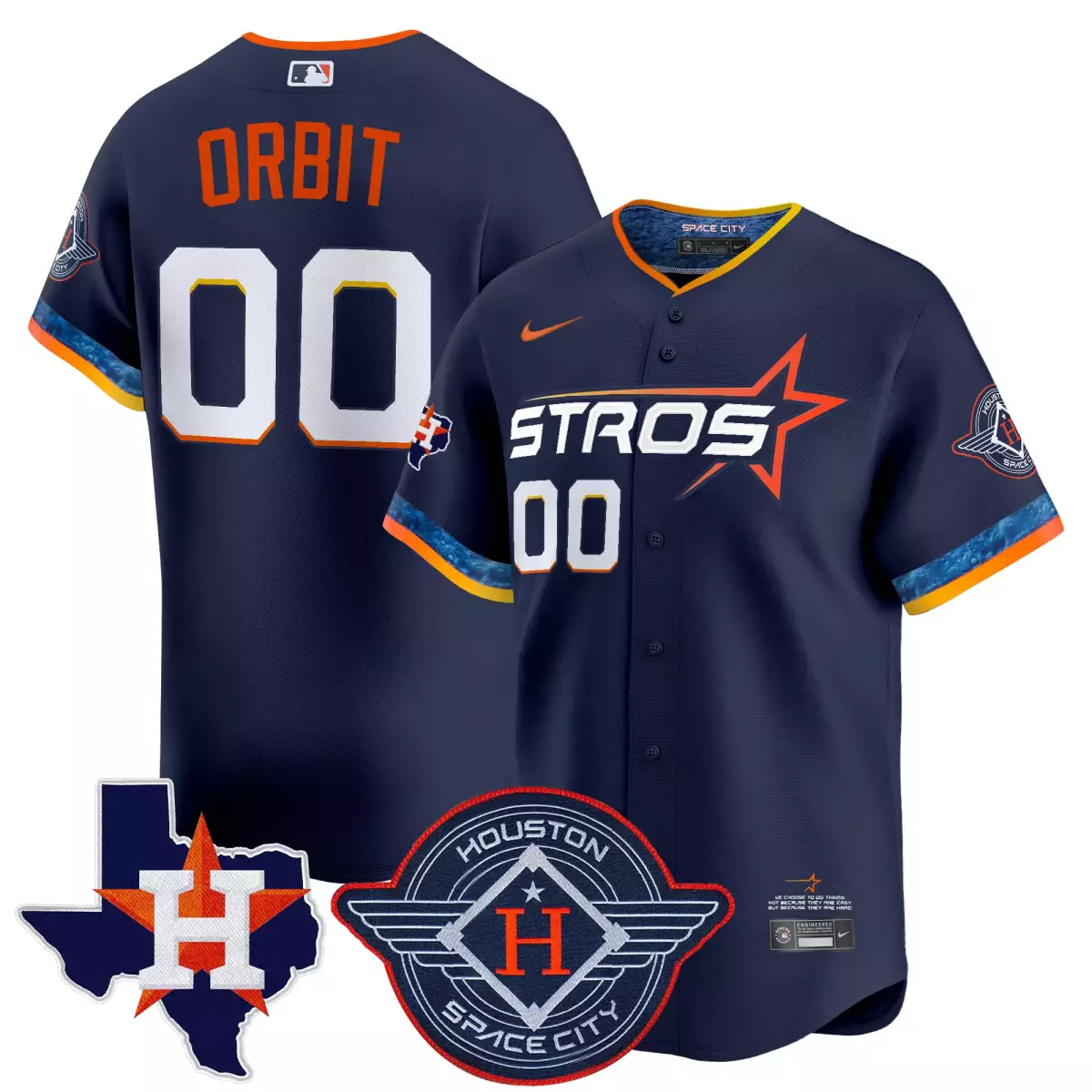 Orbit Houston Astros Jersey Navy Space City Texas 'h' Men Orange White Yellow Vapor