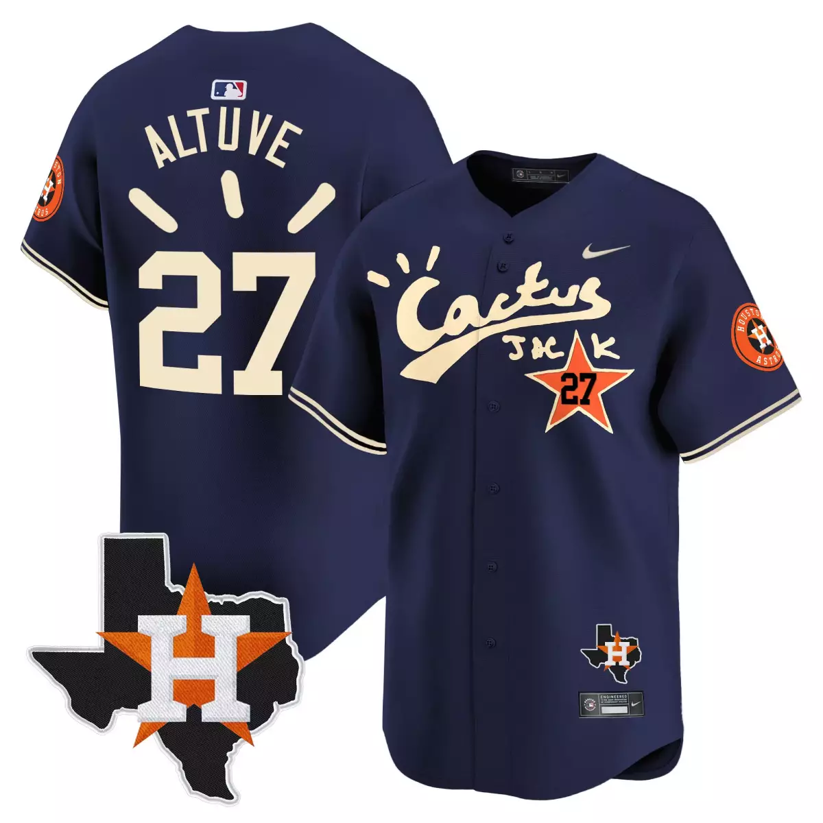 Jose Altuve 27 Houston Astros Jersey Navy Blue Cactus Jack Texas Men Cream Orange