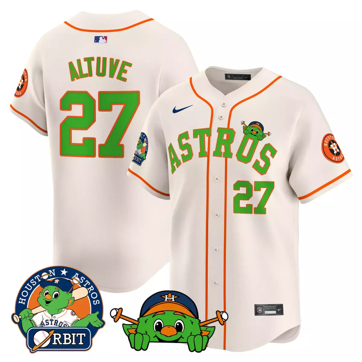 Jose Altuve 27 Houston Astros Jersey Cream Orbit Mascot Team Men Green Orange Vapor