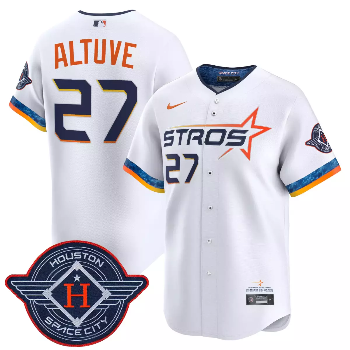 Jose Altuve 27 Houston Astros Jersey White Space City 2024 Men Alternate Navy Blue