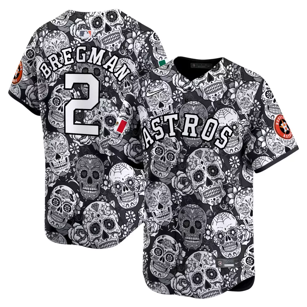 Alex Bregman 2 Astros Jersey Black Day Of The Dead Men Sugar Skull Custom Design
