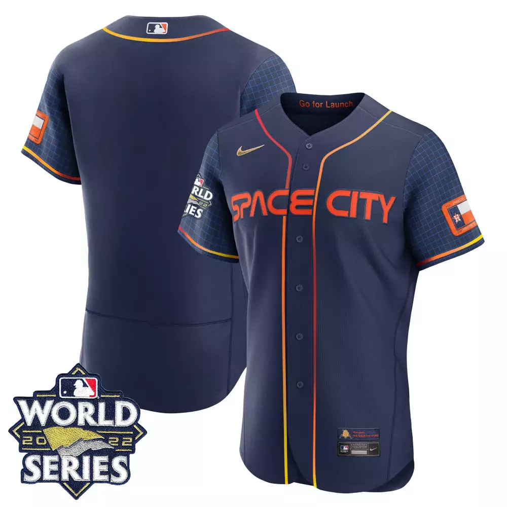 Space City Houston Astros Jersey Navy Blue World Series 2022 Men Orange Yellow Flex