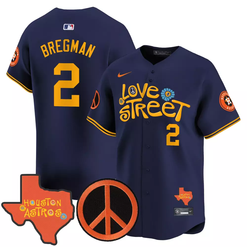 Alex Bregman 2 Houston Astros Jersey Navy Blue Love Street Peace Sign Men Orange