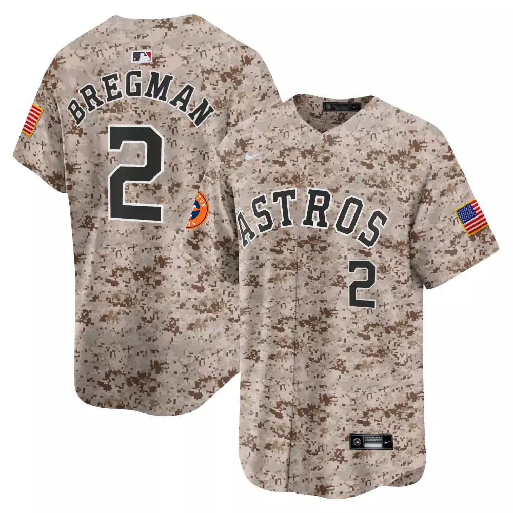 Alex Bregman 2 Astros Jersey Tan Military Camo USA Flag Men Custom Design Brown Black