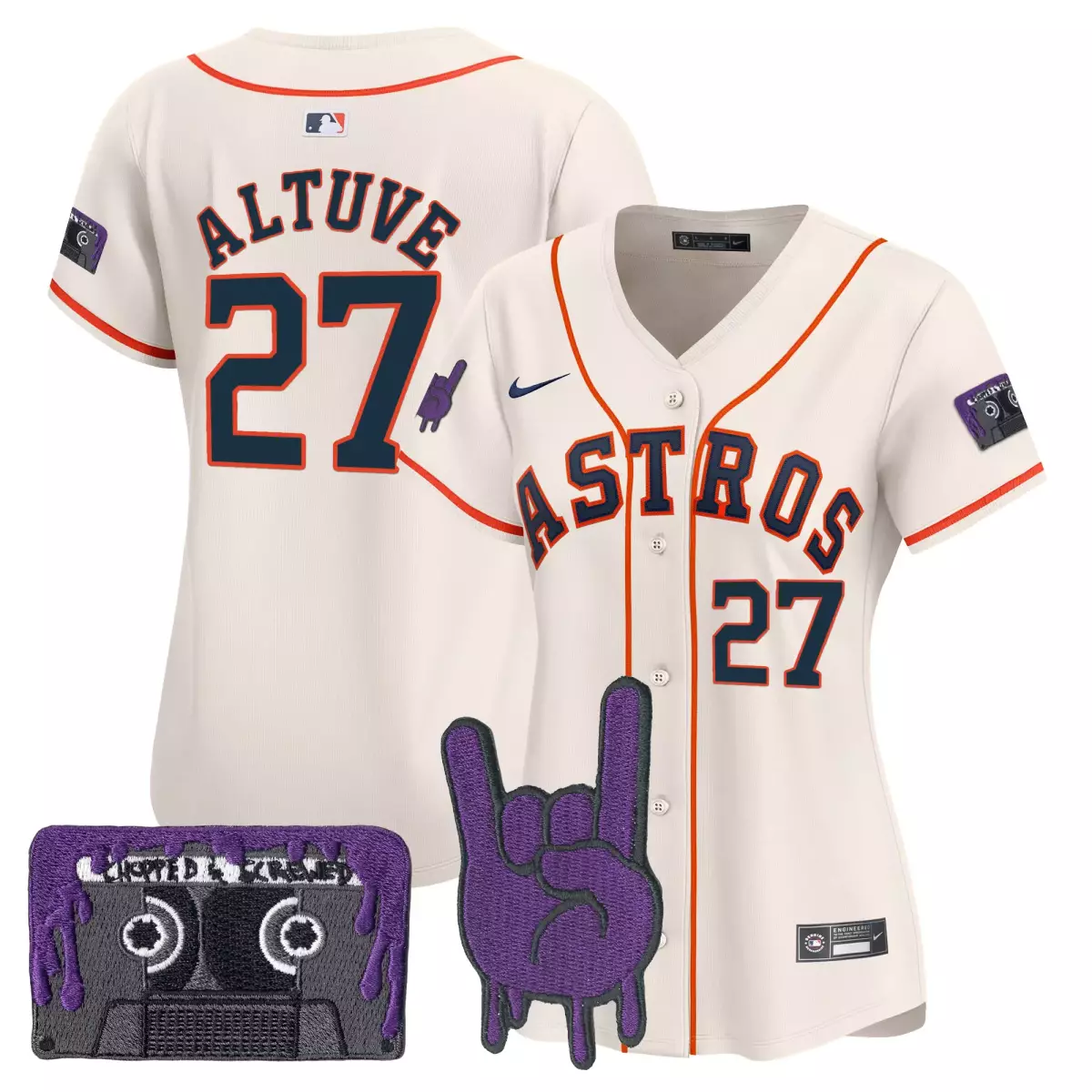Altuve Dj 27 Astros Jersey Cream Houston Cassette Tape Purple Hand Gesture Men Orange