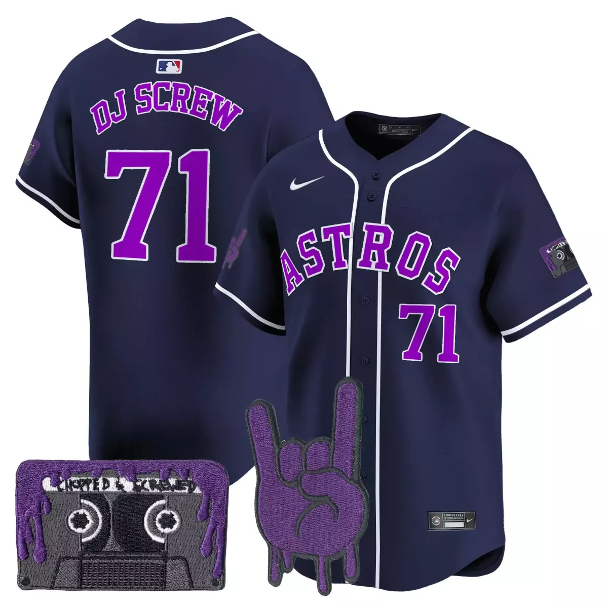 Dj Screw 71 Astros Jersey Navy Cassette Tape Rock Hand 2023 Men Purple White Vapor