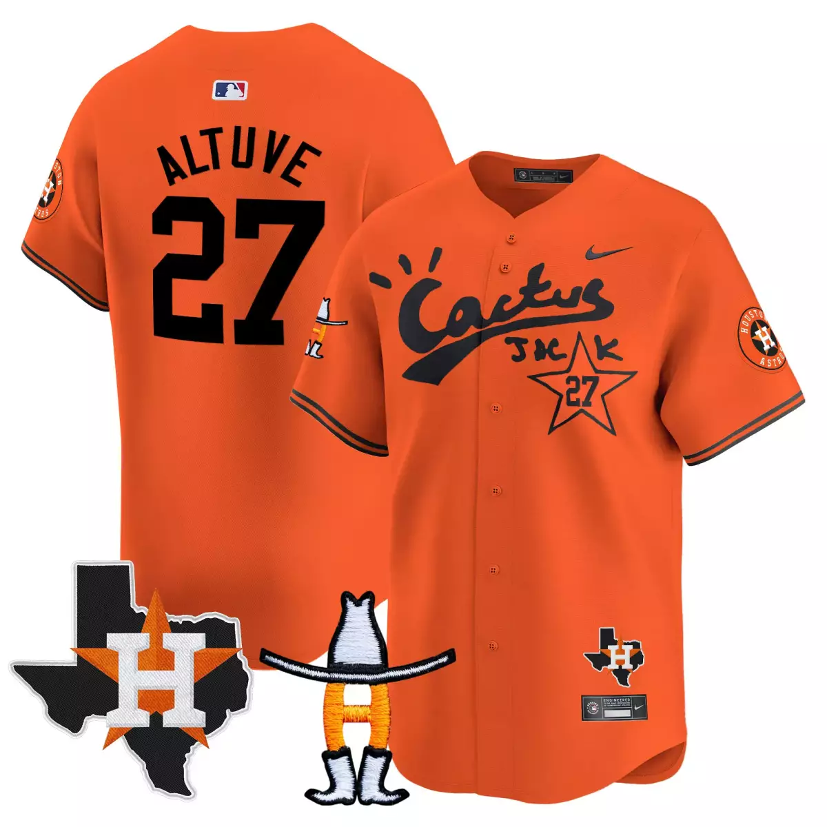 Jose Altuve 27 Houston Astros Jersey Orange Cactus Jack Texas State Outline Cowboy Hat Boots