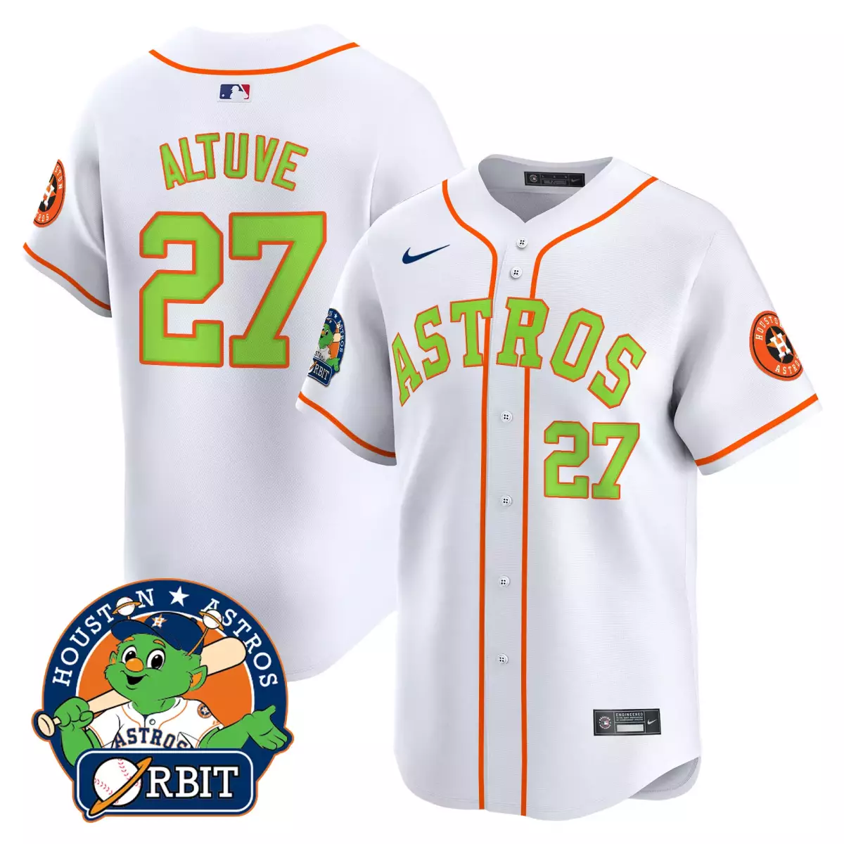 Jose Altuve 27 Astros Jersey White Orbit Mascot Houston Men Orange Lime Green Vapor