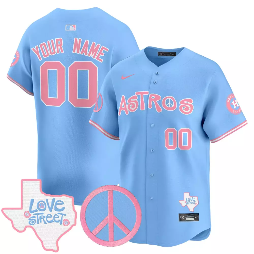 Custom Astros Jersey Light Blue Love Street Peace Sign Alternate Pink White All Stitched