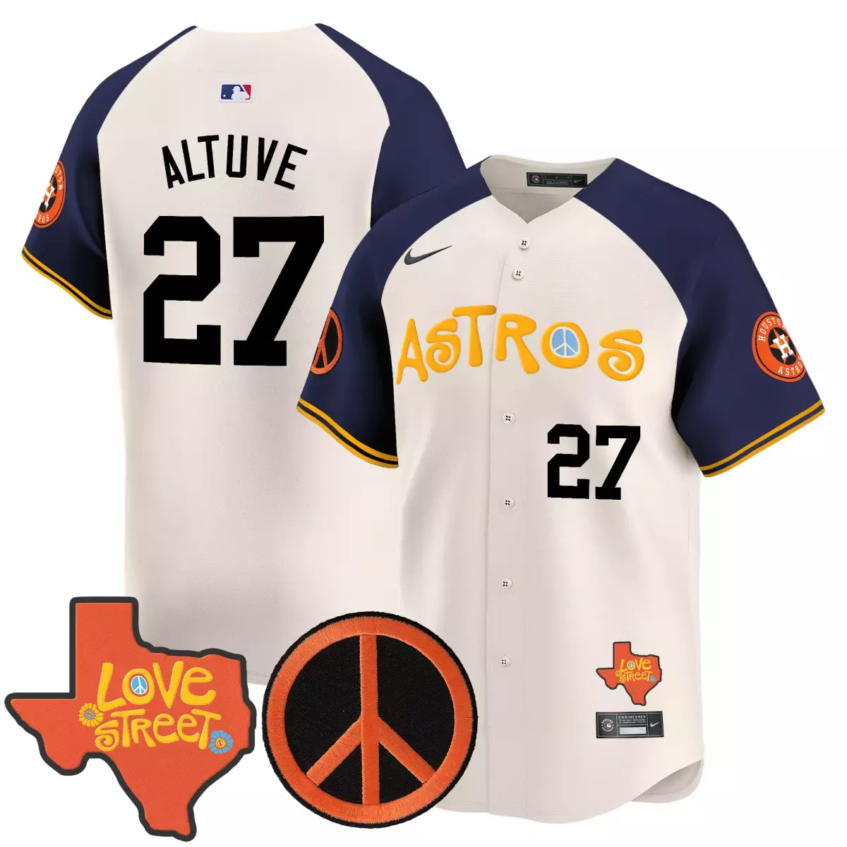 Altuve Love 27 Astros Jersey White Street Texas Peace Sign 2023 Men Navy Blue Yellow