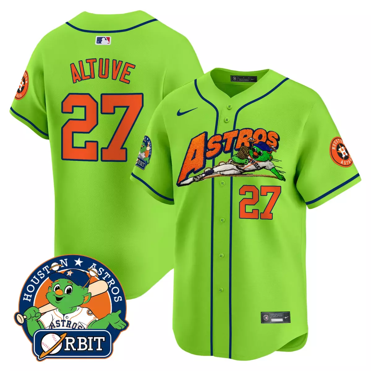 Jose Altuve 27 Houston Astros Jersey Lime Green Orbit Mascot Team Men Alternate Orange