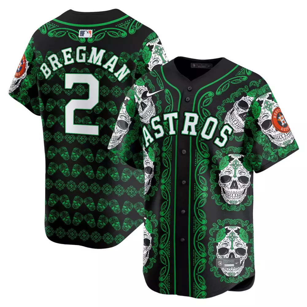 Alex Bregman 2 Astros Jersey Black Day Of The Dead Men Custom Design Green White