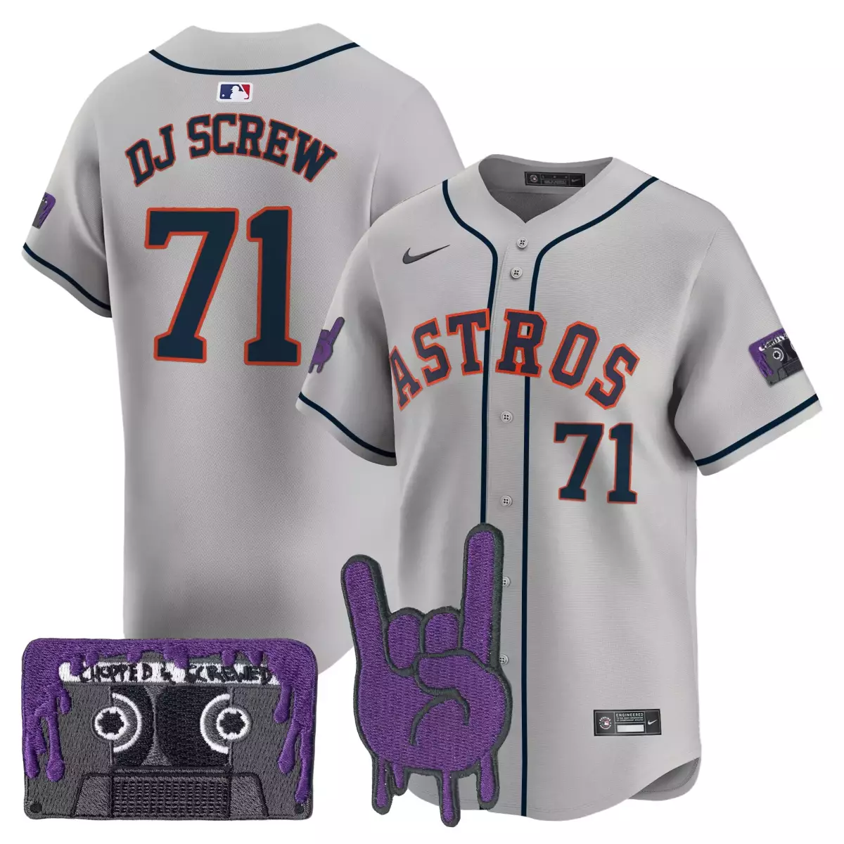 Dj Screw 71 Astros Jersey Gray Cassette Tape Rock Hand Men Navy Orange Vapor Premier