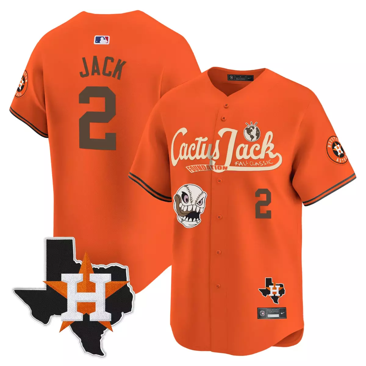 Jack Cactus 2 Houston Astros Jersey Orange Texas Monster Face 2023 Men Brown White
