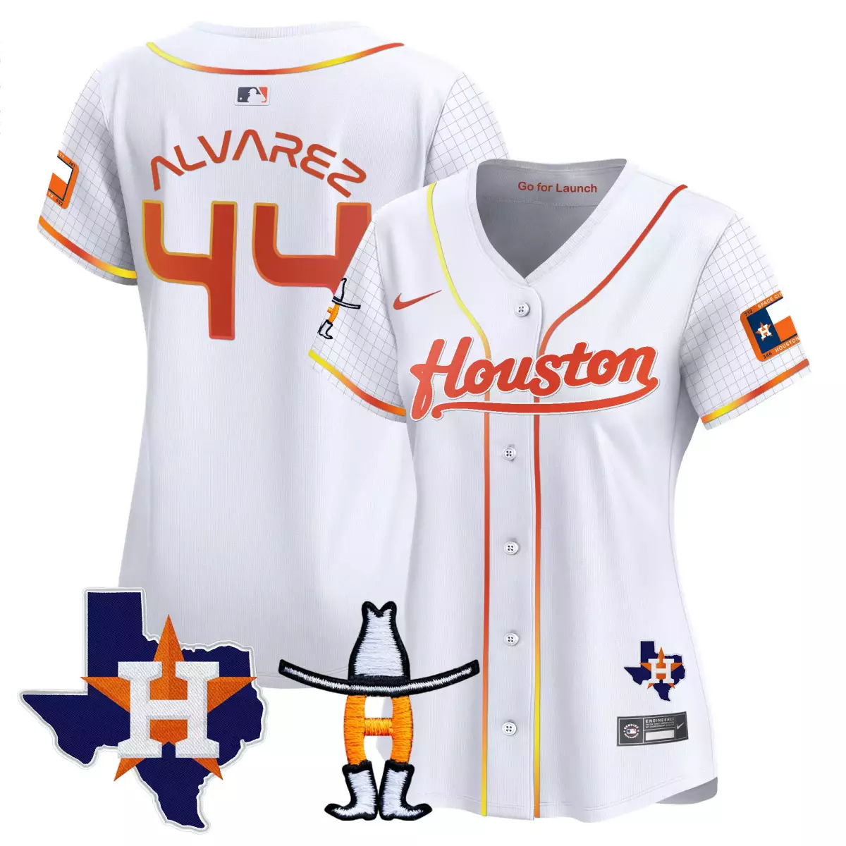 Alvarez Space 44 Houston Astros Jersey White City Texas Flag 2023 Women Orange Yellow