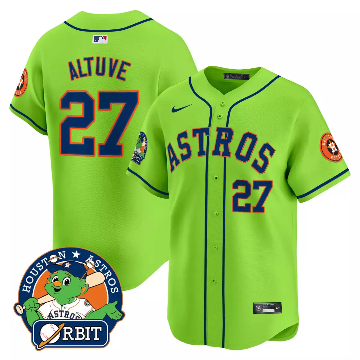 Jose Altuve 27 Houston Astros Jersey Lime Green Orbit Mascot Men Navy Blue Vapor