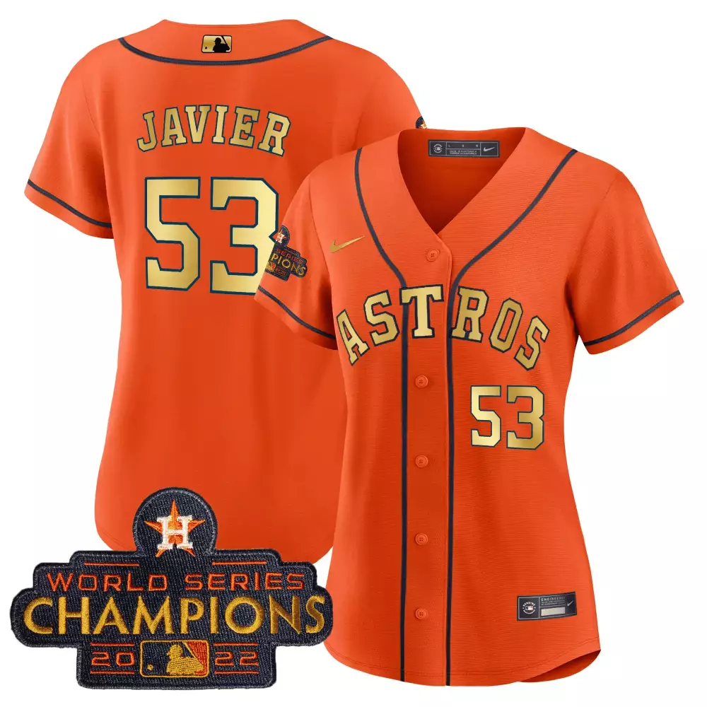 Cristian Javier 53 Astros Jersey Orange 2022 World Series Champions Men Navy Gold