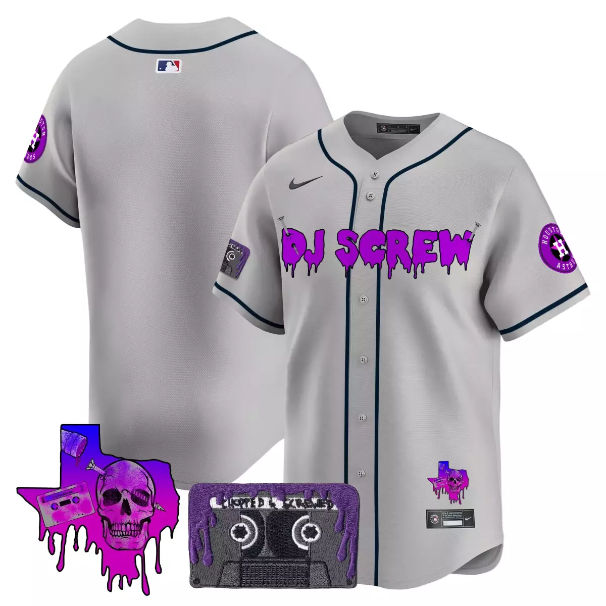 Dj Screw Houston Astros Jersey Gray Collaboration Cassette Tape 2023 Men Navy Purple