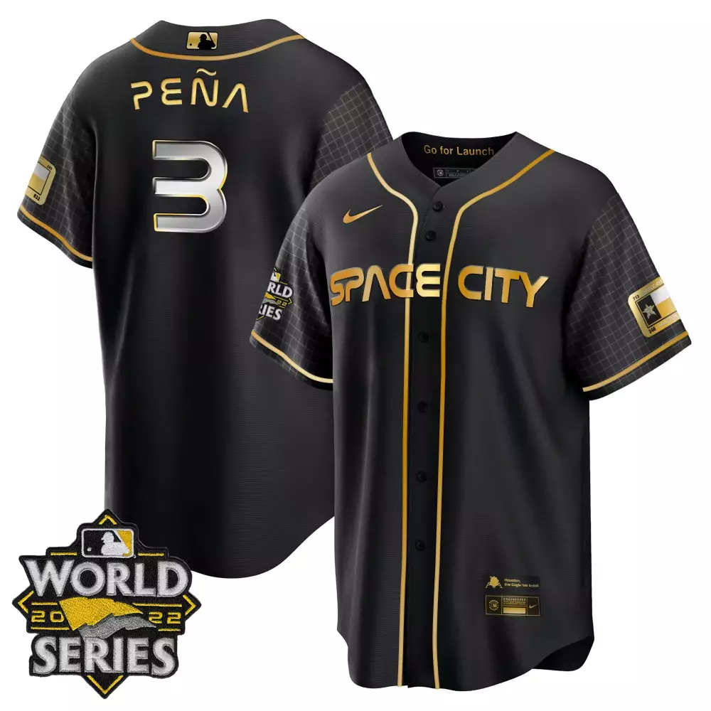 Jeremy Pena 3 Space City Jersey Black World Series 2022 Texas Flag Gold Cool All