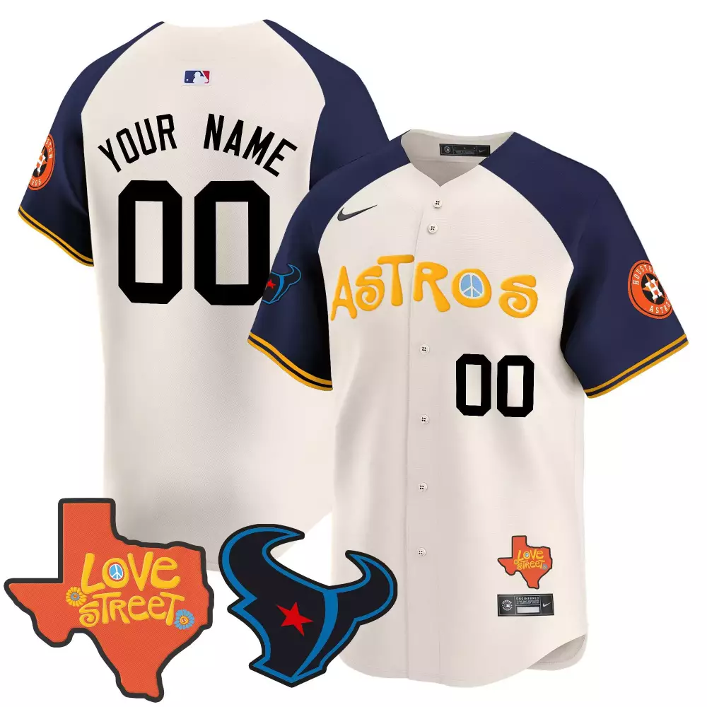 Custom Astros Jersey White Love Street Houston Texans Split Design Navy Blue Yellow